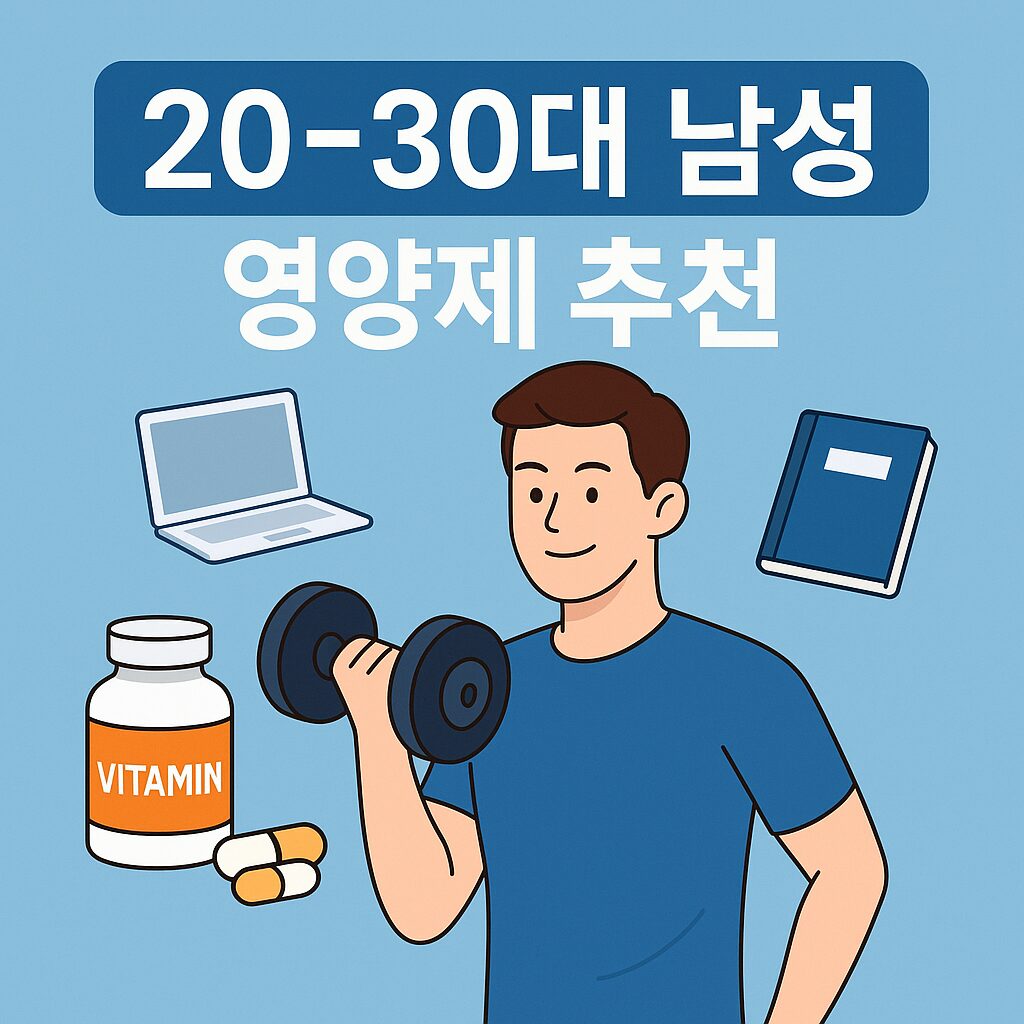 20~30대 남성 영양제 추천 – 운동하는 남성과 비타민, 노트북, 책 아이콘이 함께 있는 건강 관리 일러스트