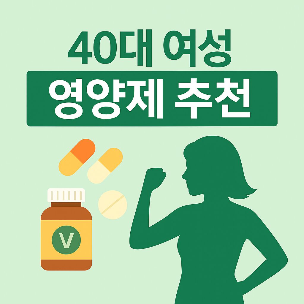 40대 여성 영양제 추천 이미지- 활기찬 여성 실루엣과 영양제 아이콘 그림