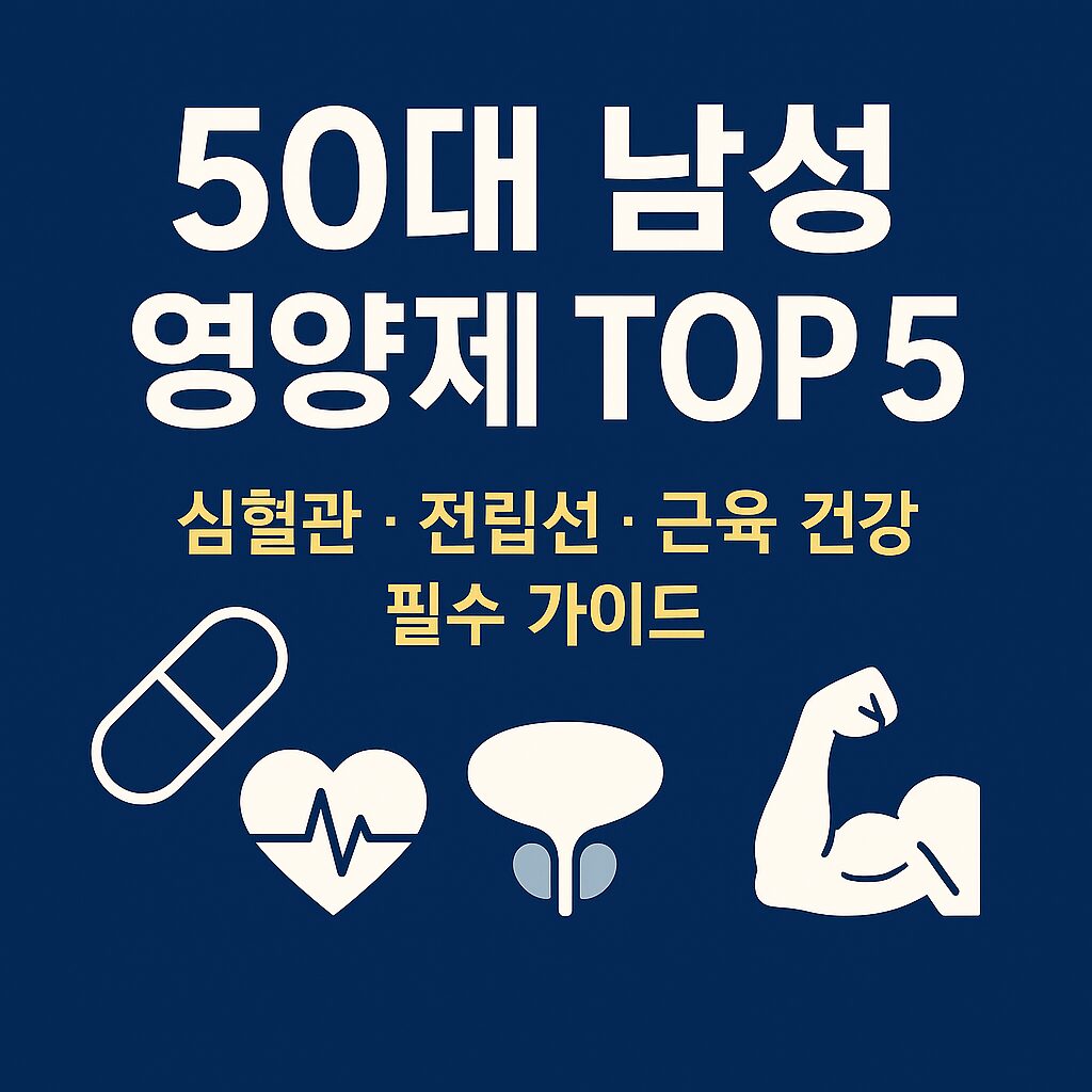 50대 남성 영양제 TOP 5, 심혈관·전립선·근육 건강 가이드와 관련 아이콘
