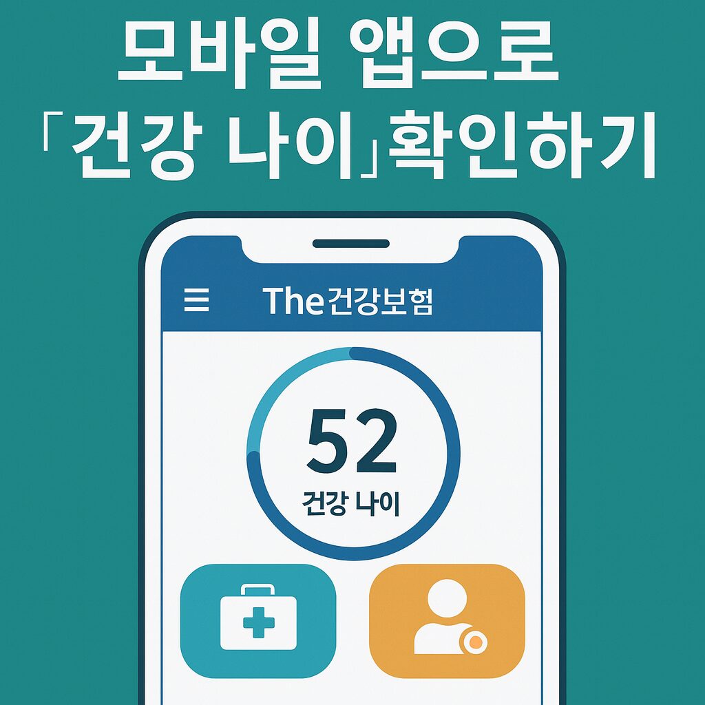 The건강보험 앱으로 건강나이를 확인하라는 화면이 있는 그림