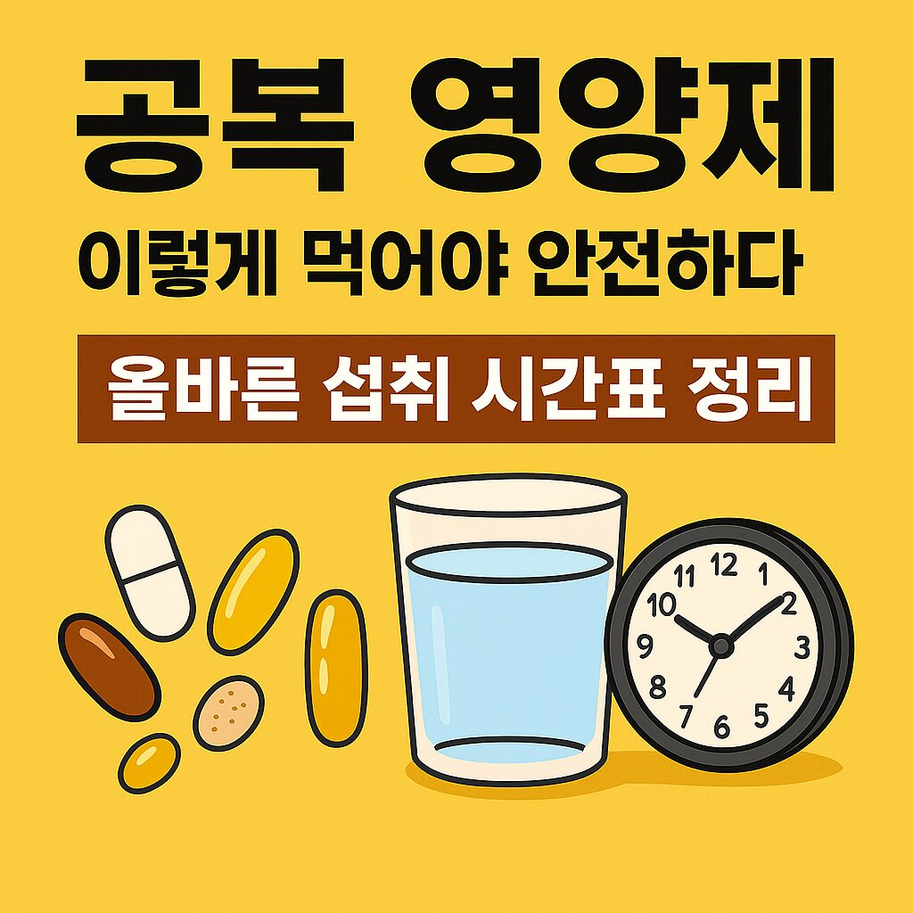 노란색 배경에 ‘공복 영양제 이렇게 먹어야 안전하다, 올바른 섭취 시간표 정리’라는 문구가 쓰여 있고, 알약·물컵·시계가 그림(일러스트)으로 배치된 이미지