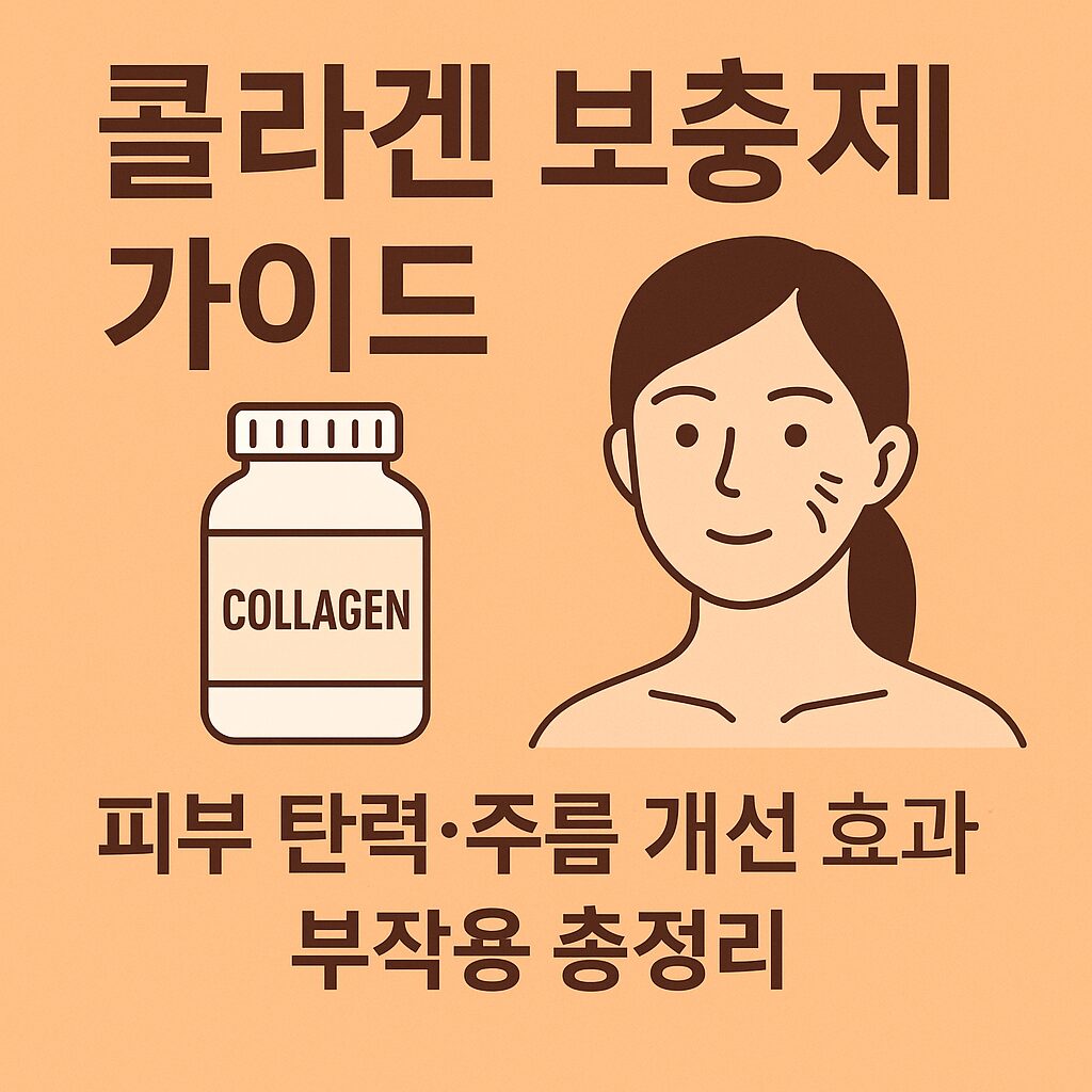 콜라겐 보충제 가이드라는 문구와 함께 콜라겐 병과 피부 건강을 상징하는 인물 일러스트가 담긴 이미. 피부 탄력·주름 개선 효과와 부작용 총정리라는 부제 포함