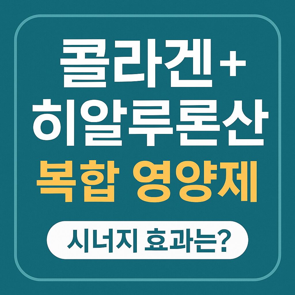 짙은 청록색 배경에 흰색과 주황색 글씨로 '콜라겐 + 히알루론산 복합 영양제' 문구가 적혀 있고, 하단에는 흰색 캡슐형 박스 안에 '시너지 효과는?'이라는 문구가 강조된 이미