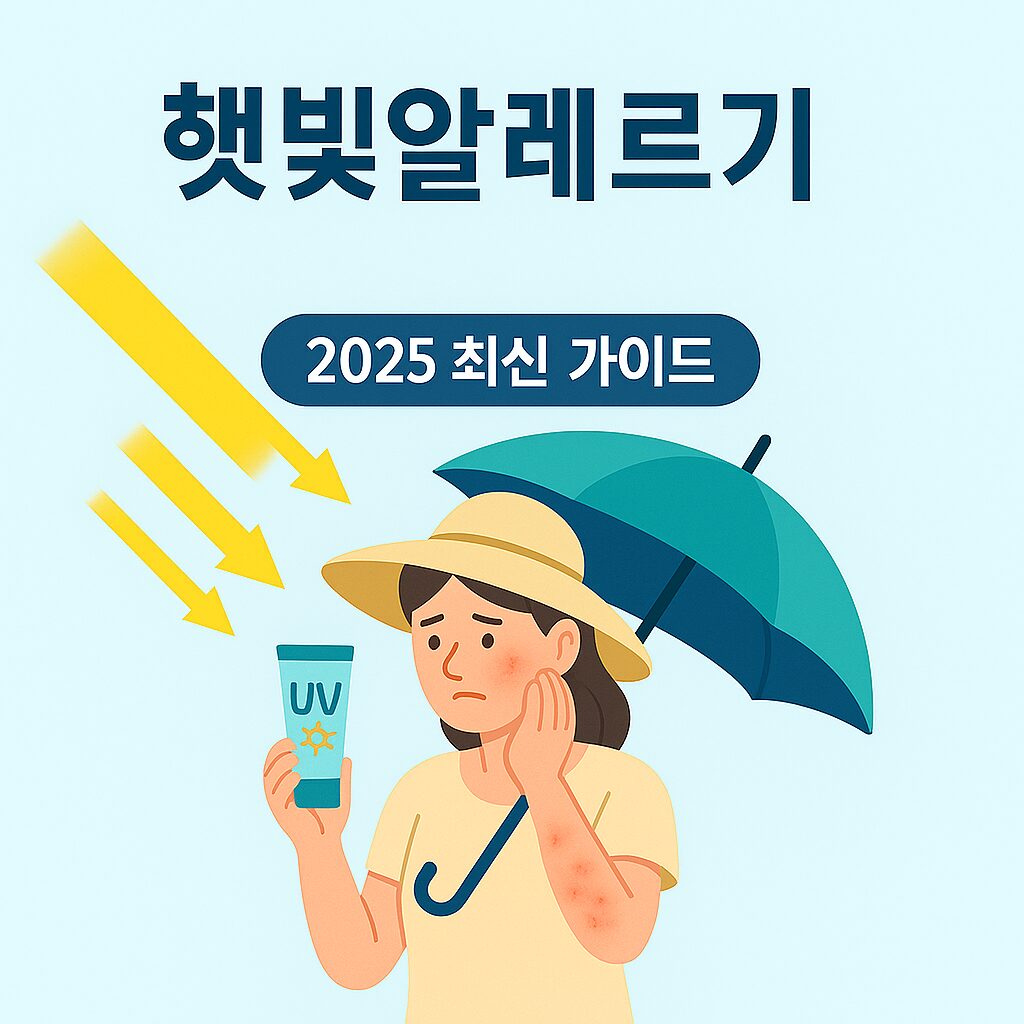 햇빛알레르기를 막으려고 양산을 쓰고 썬크림을 들고 있는 그림