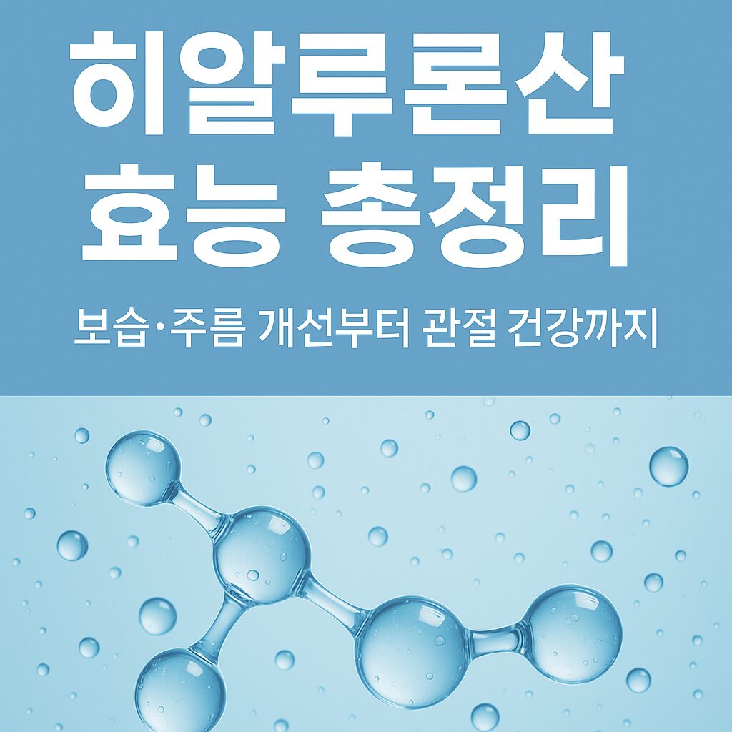 히알루론산 효능 총정리 이미지, 파란 배경에 분자 구조와 텍스트 포함