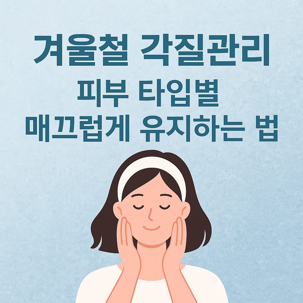 파란색 그라데이션 배경 위에 ‘겨울철 각질관리, 피부 타입별 매끄럽게 유지하는 법’이라는 글자가 적혀 있고, 하단에는 머리밴드를 한 여성이 두 손으로 얼굴을 감싸며 미소 짓는 일러스트가 배치된 이미지.