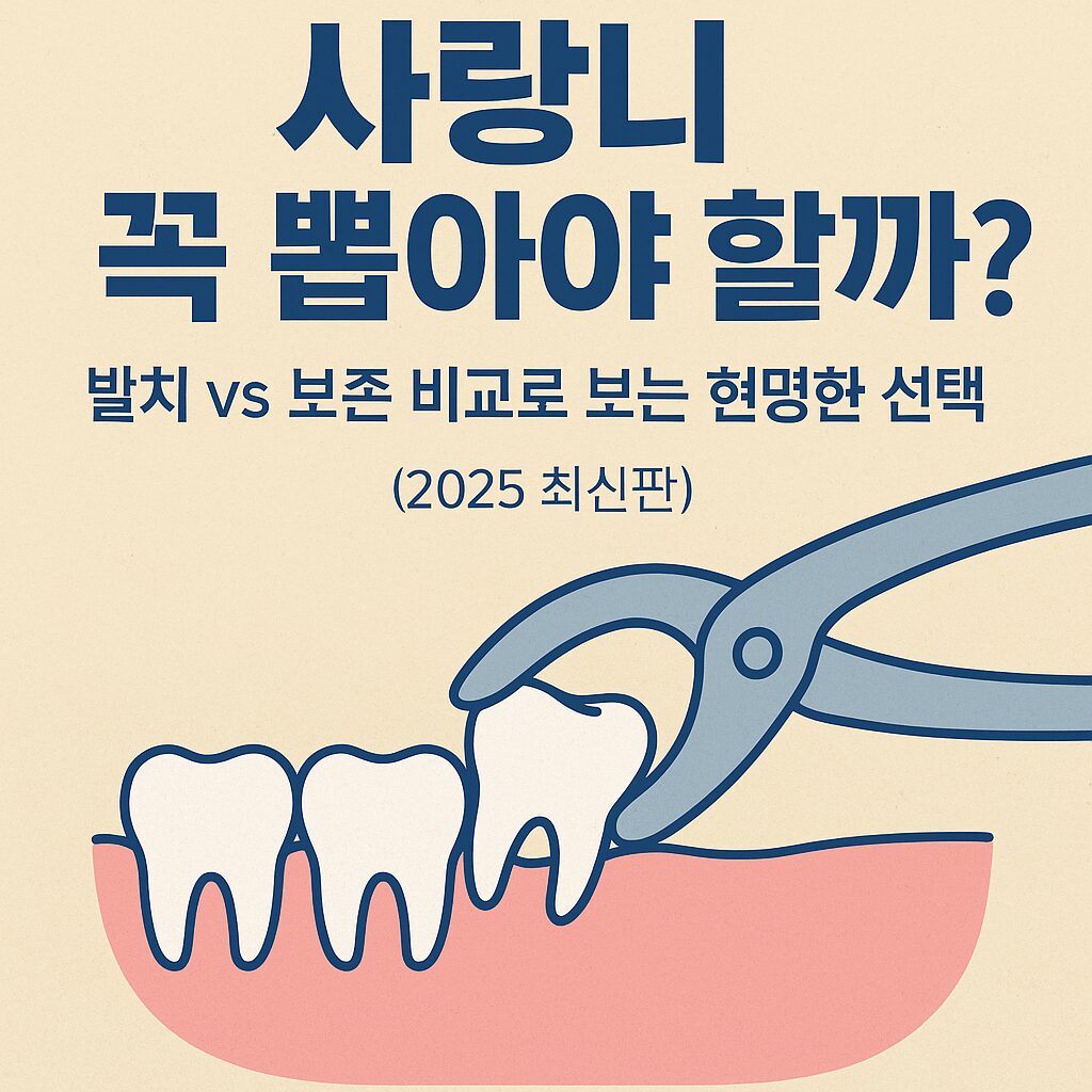 치과용 집게로 사랑니를 발치하는 모습을 묘사한 일러스트로, ‘사랑니 꼭 뽑아야 할까? 발치 vs 보존 비교로 보는 현명한 선택’이라는 문구가 적힌 이미지.