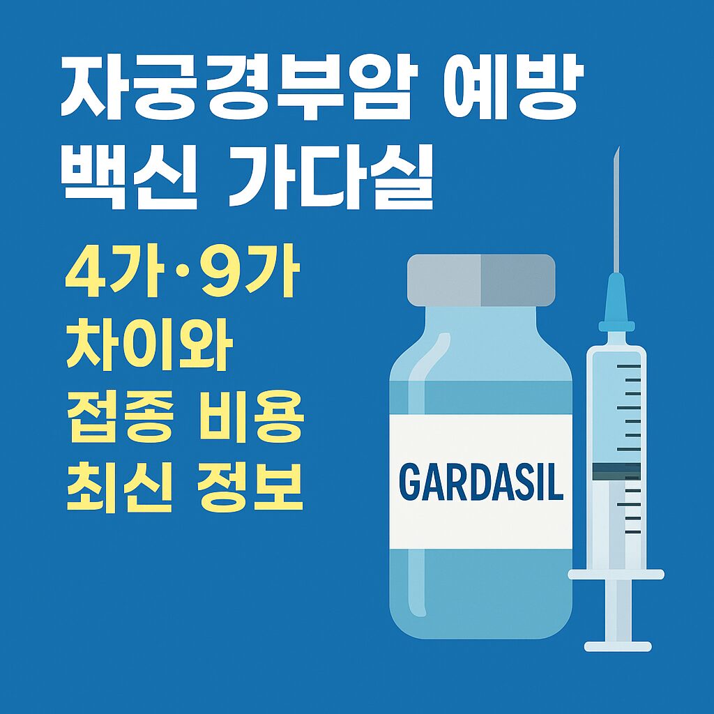 파란색 배경 위에 가다실 백신과 주사기가 함께 그려져 있으며, ‘가다실4가 무료 지원, 가다실9가 비용 부담’ 등 핵심 정보를 담은 예방접종 안내 그래픽