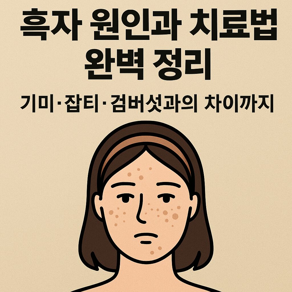 흑자 원인과 치료법 완벽 정리 – 기미, 잡티, 검버섯과의 차이까지 설명하는 일러스트 썸네일. 얼굴에 흑자가 있는 여성 일러스트와 함께 제목 문구가 적혀 있음
