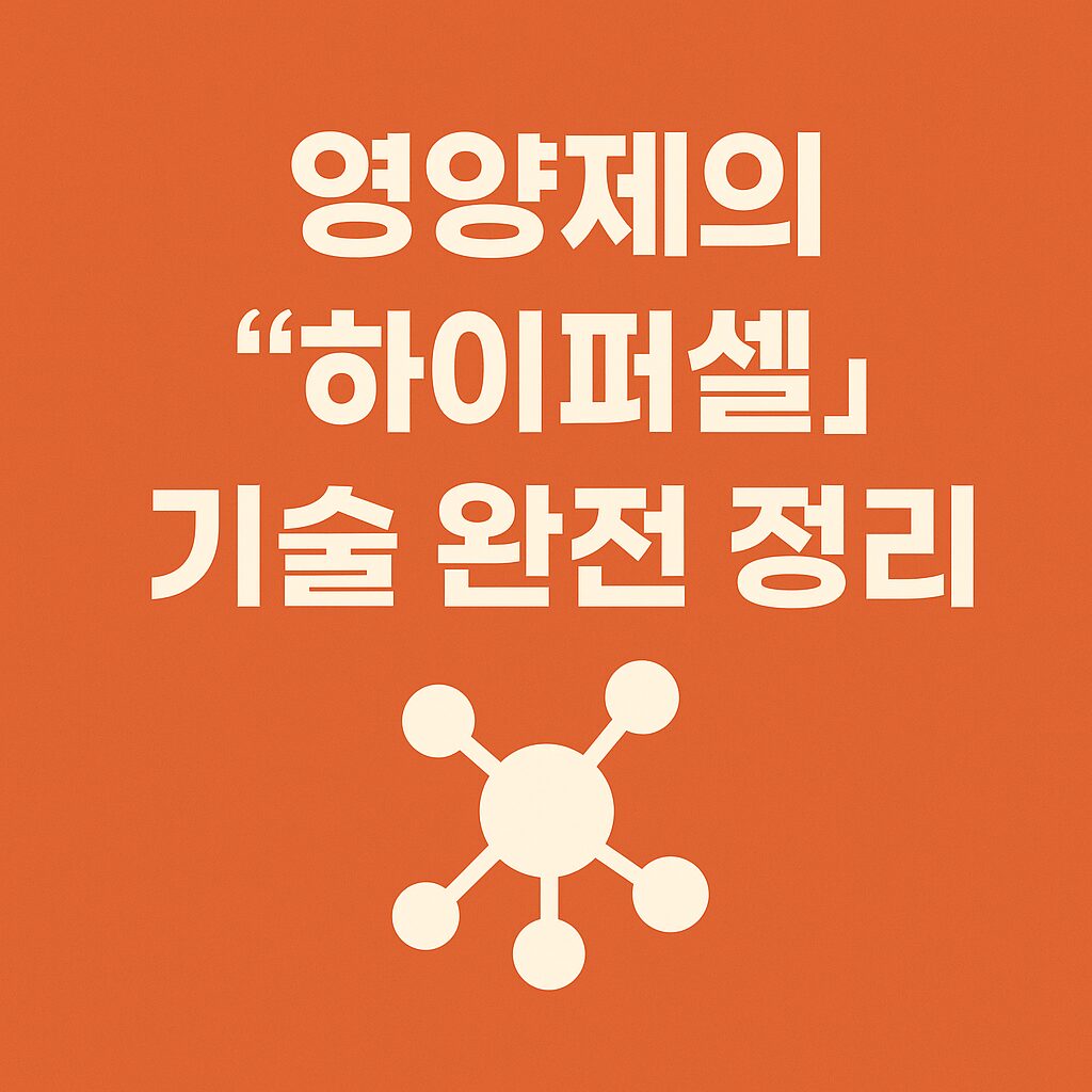 영양제의 하이퍼셀 기술 완전 정리를 소개하는 썸네일 이미지로, 주황색 배경 위에 굵은 흰색 글자와 분자 구조 아이콘이 배치된 그래픽