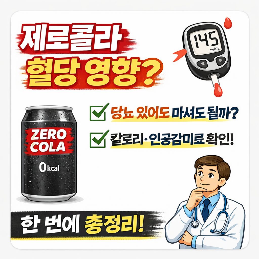 제로콜라 캔과 혈당 측정기 일러스트를 배경으로 ‘제로콜라 혈당 영향? 당뇨 있어도 마셔도 될까?’라는 문구와 칼로리·인공감미료를 정리한 정보형 썸네일 이미지