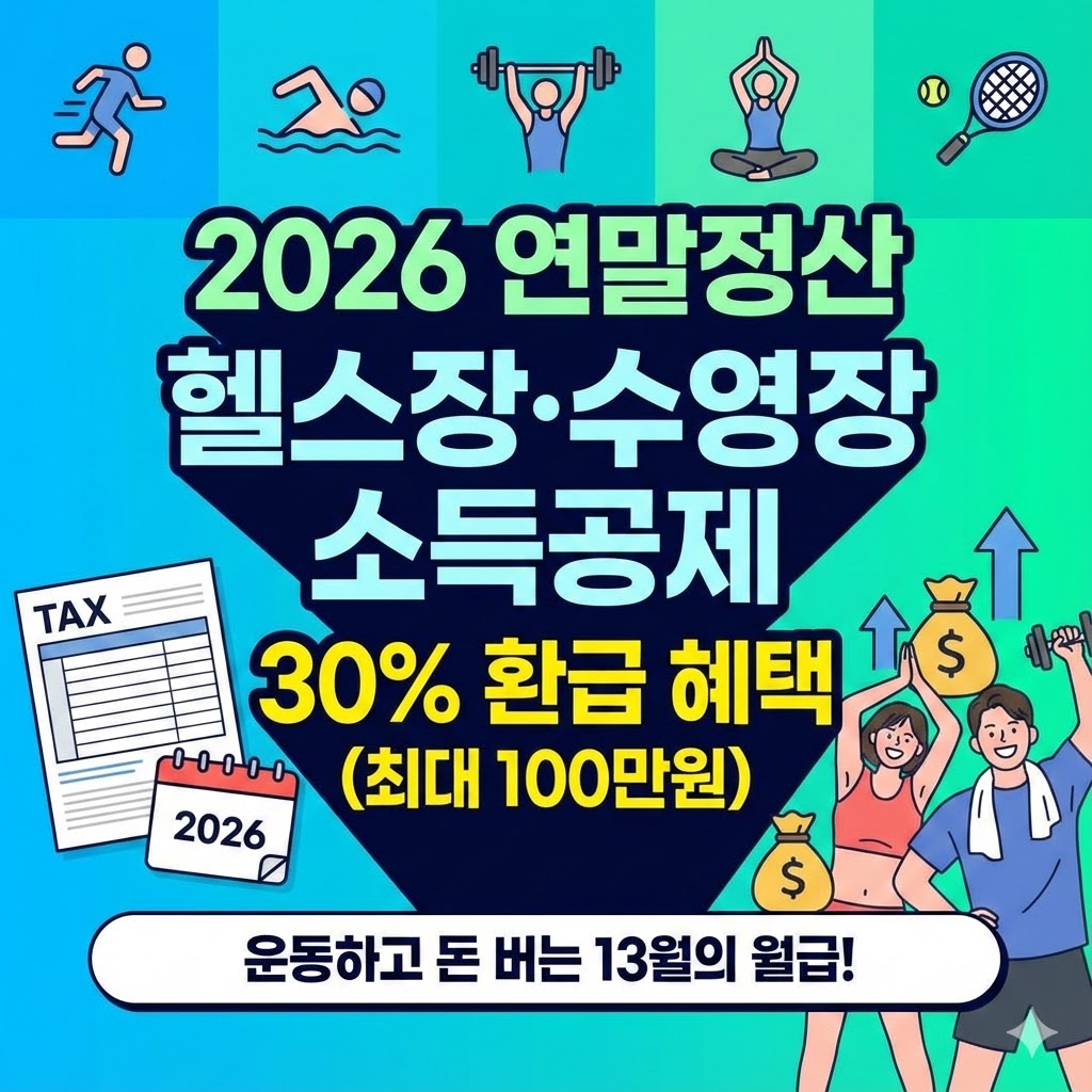 2026 연말정산 헬스장·수영장 소득공제 30% 환급 혜택 안내 썸네일. 최대 100만원 공제 내용과 운동하는 사람들의 일러스트 포함.