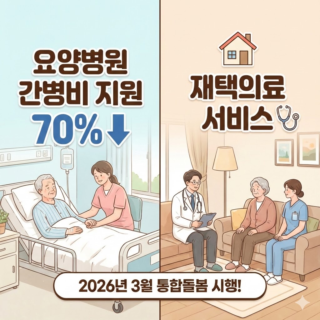 2026년 3월 시행되는 요양병원 간병비 70% 지원 혜택과 가정 방문 재택의료 서비스를 좌우로 대비하여 보여주는 홍보 이미지.